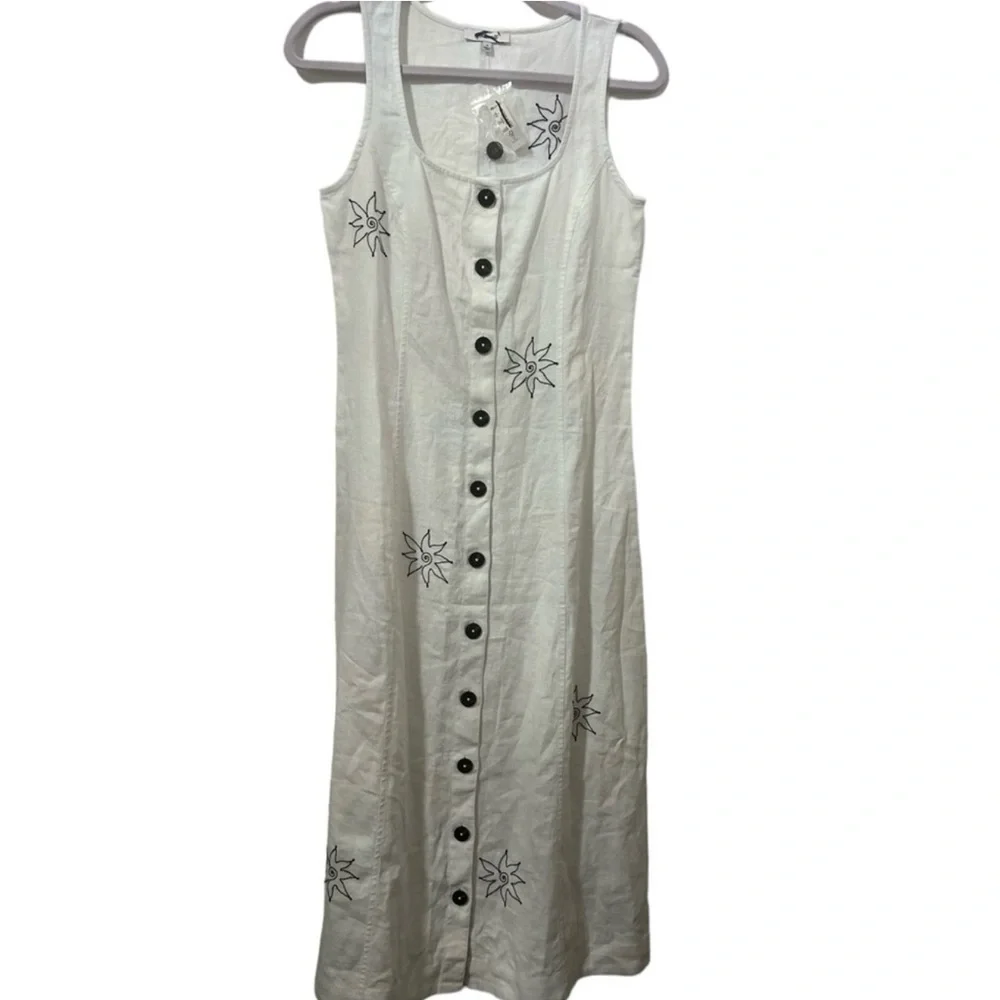 Madewell Linen Embroidered Button Front Midi Dress White Black Size 4 NWT - Picture 5 of 7